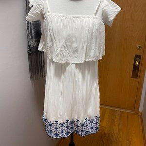 Francesca's off the shoulder, embroidered mini dress.  White & Blue (Item#1110)